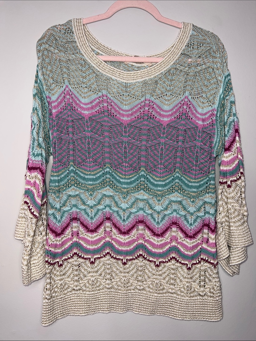 Soft Surroundings Crochet Knit pink blue gold beach sweater Ruffle Sleeves